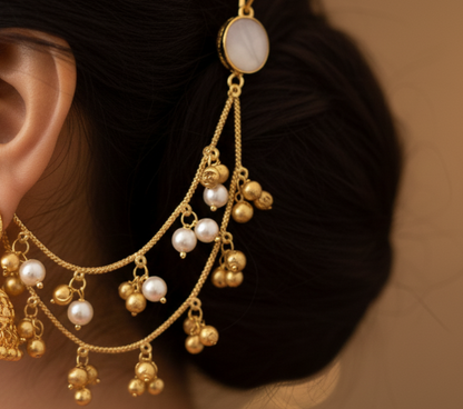 Trendy Kashmiri Moissanite Earchain Embellished with White and Gold Ghungroo