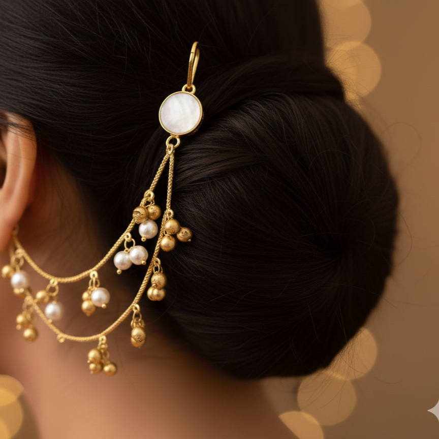 Trendy Kashmiri Moissanite Earchain Embellished with White and Gold Ghungroo