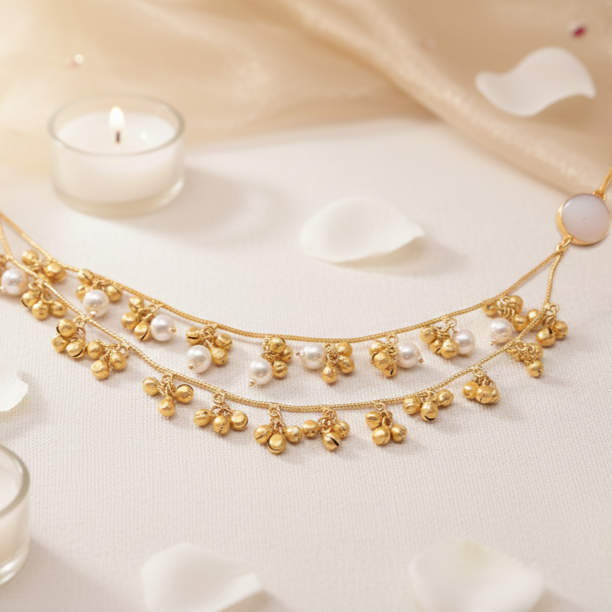 Trendy Kashmiri Moissanite Earchain Embellished with White and Gold Ghungroo