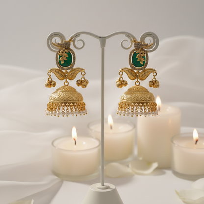 Navya Moissanite Gold Plated Delicate Leafy Jhumka Earrings