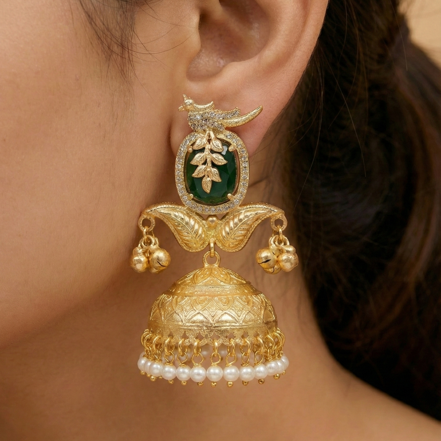 Navya Moissanite Gold Plated Delicate Leafy Jhumka Earrings