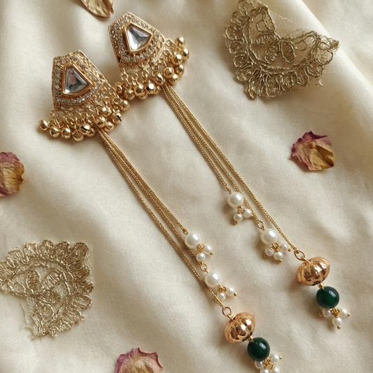 Designer Kashmiri Long Moissanite Jhumki Earrings Embellished with Ghungroo and Green Pearl Drop