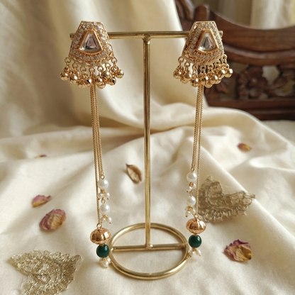 Designer Kashmiri Long Moissanite Jhumki Earrings Embellished with Ghungroo and Green Pearl Drop