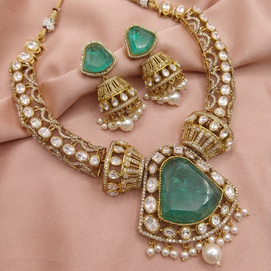 Traditional Heavy Bridal Gold Plated Moissanite Kundan Necklace and Earrings Set