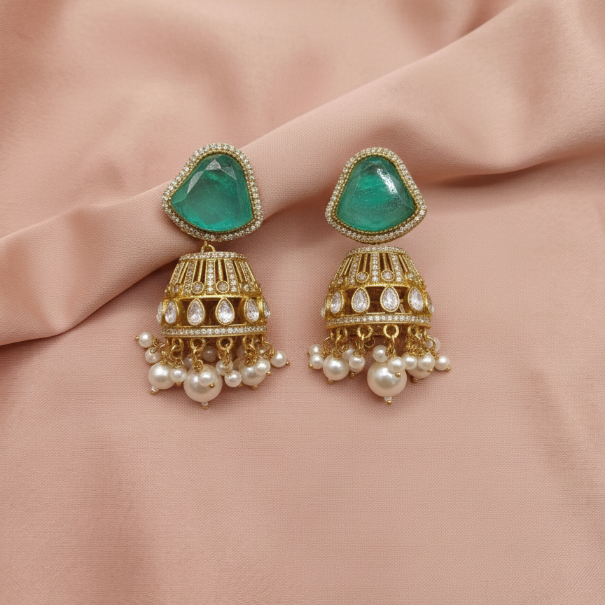 Traditional Heavy Bridal Gold Plated Moissanite Kundan Necklace and Earrings Set