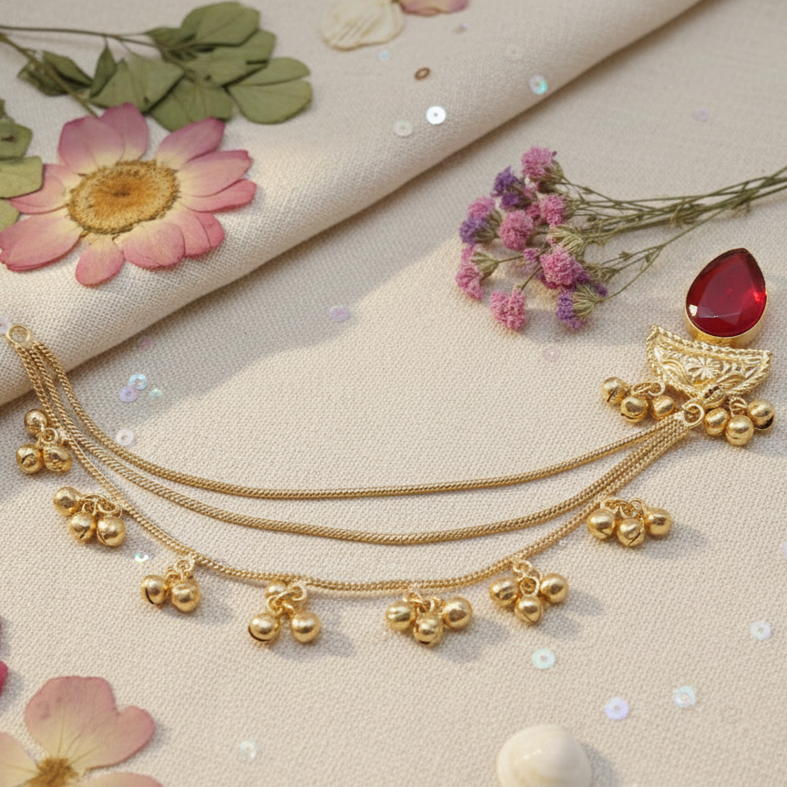 Trendy Kashmiri Moissanite Earchain Red Stoned and Embellished with Gold Ghungroo