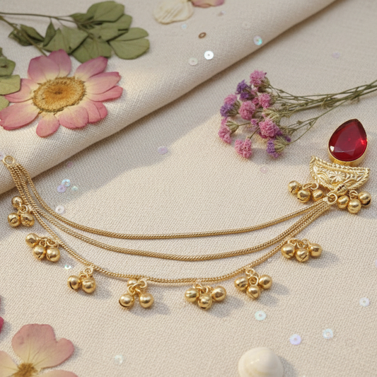 Trendy Kashmiri Moissanite Earchain Red Stoned and Embellished with Gold Ghungroo