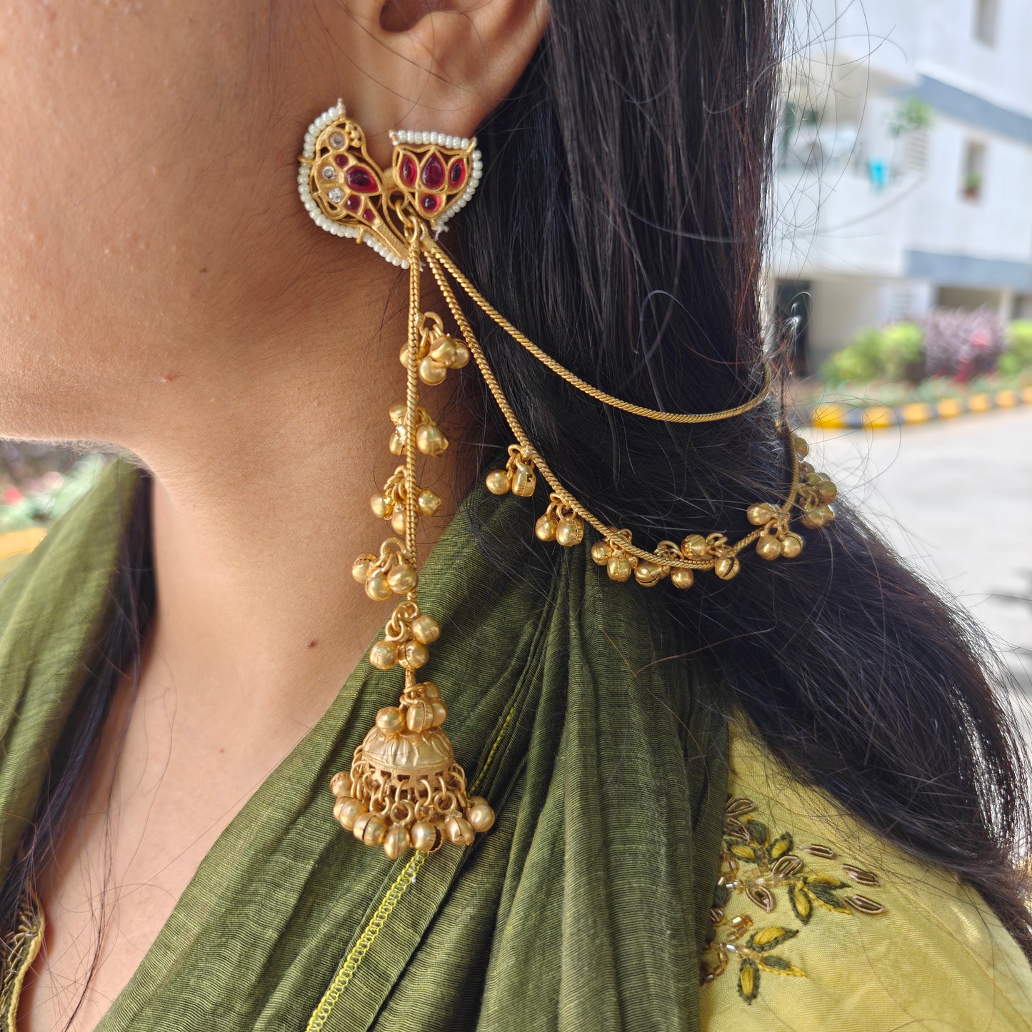 Kashmiri Style Ghungroo Golden Ear Chain Earrings