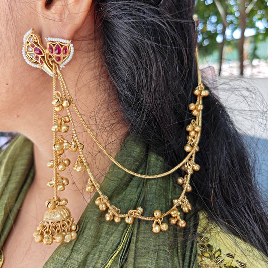Kashmiri Style Ghungroo Golden Ear Chain Earrings