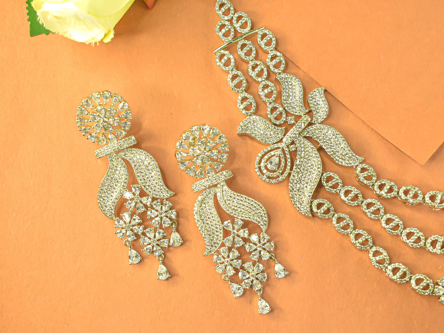 Menka Silver Polish White Stone CZ Designer Necklace Set