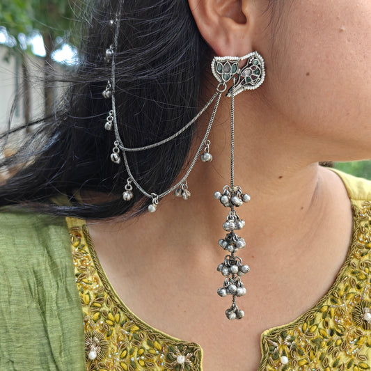 Oxidised Meena Long Hair Chain Earrings With Ghungroo