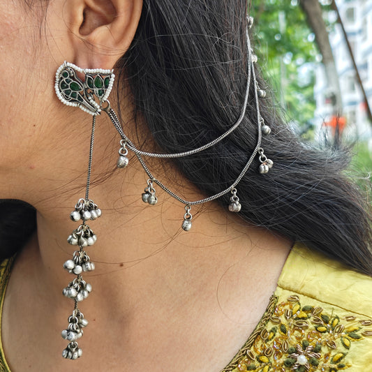 Oxidised Meena Long Hair Chain Earrings With Ghungroo
