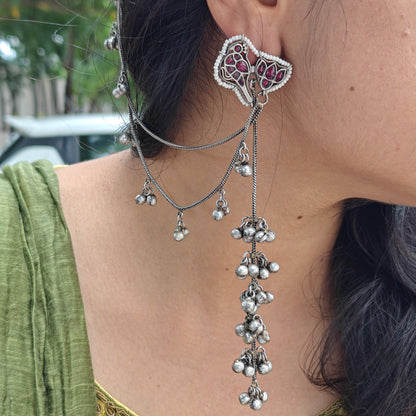 Oxidised Meena Long Hair Chain Earrings With Ghungroo