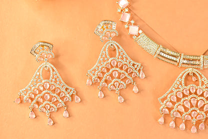 Swaragini Gold Polish Baby Pink CZ Necklace Set