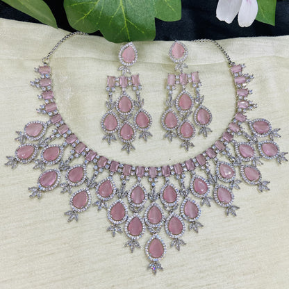 Zohra Pink Stone Silver Polish CZ Designer Necklace Set