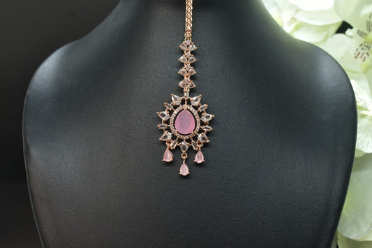 Zirconia Rosegold mang tikka with pink gemstone and AD drops