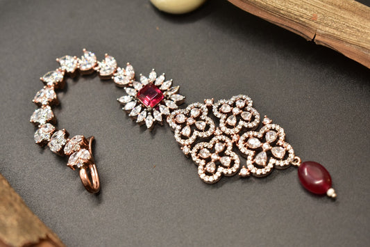 Zirconia diamond shaped flower mang tikka with red pearl drop