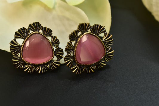 Mishika Pink Oxidized Stud Earrings