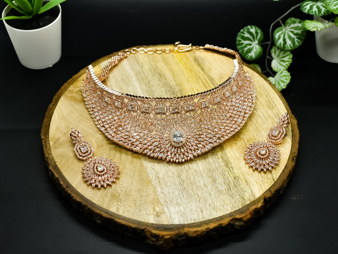 Yara Rose Gold Polish CZ Designer Necklace Set