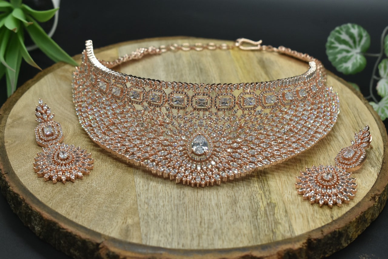 Yara Rose Gold Polish CZ Designer Necklace Set