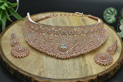 Yara Rose Gold Polish CZ Designer Necklace Set