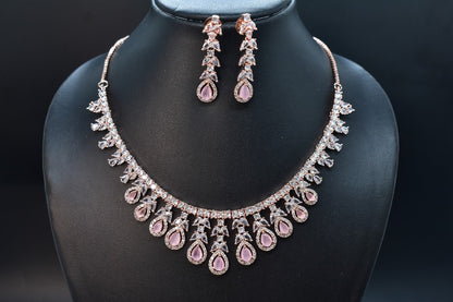 Kiyaa Rose Gold Polish CZ Designer Necklace Set