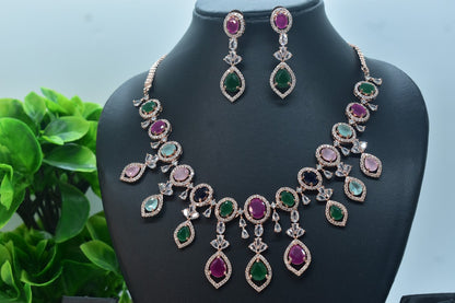 Aarvika Rose Gold Polish CZ Designer Necklace Set