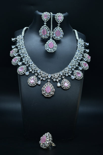 Zeesha Silver Polish Baby Pink CZ Designer Necklace Set