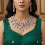 Zoya Pink Stone Silver Polish CZ Designer Necklace Set
