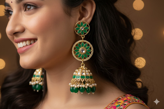 Woman wearing green and gold earrings made of pearl and polki